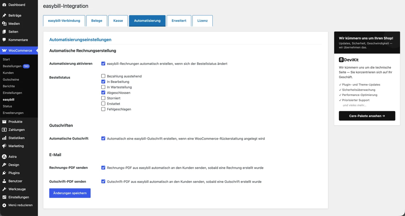 Tab Automatisierung: automatische Rechnungserstellung nach Bestellstatus, automatische Gutschrift und PDF-Versand per E-Mail