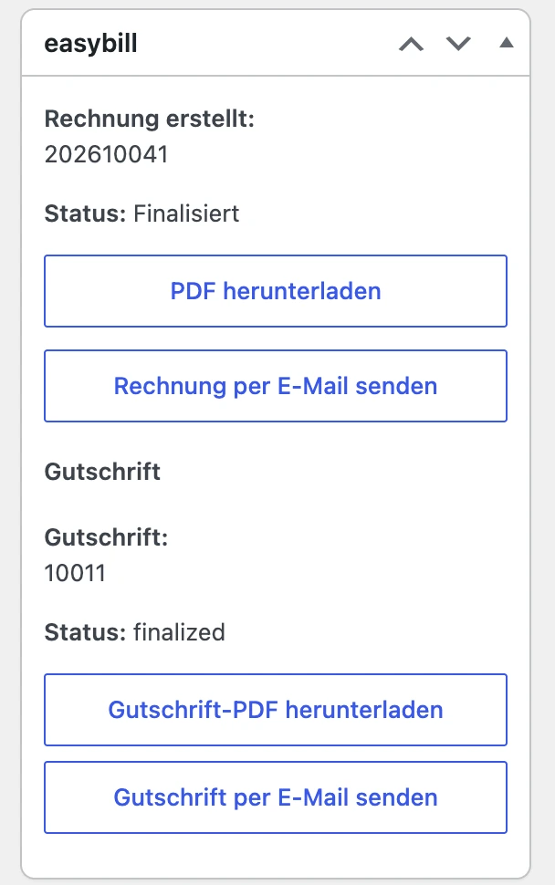 Bereich easybill in der WooCommerce-Bestellung nach der Belegerstellung: Rechnungsnummer, Status Finalisiert, Schaltflächen PDF herunterladen und Rechnung per E-Mail senden sowie die Gutschrift mit PDF-Download und E-Mail-Versand