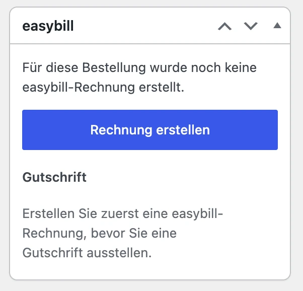 Bereich easybill in der Bestellung ohne Beleg: Schaltfläche Rechnung erstellen und Hinweis zur Gutschrift