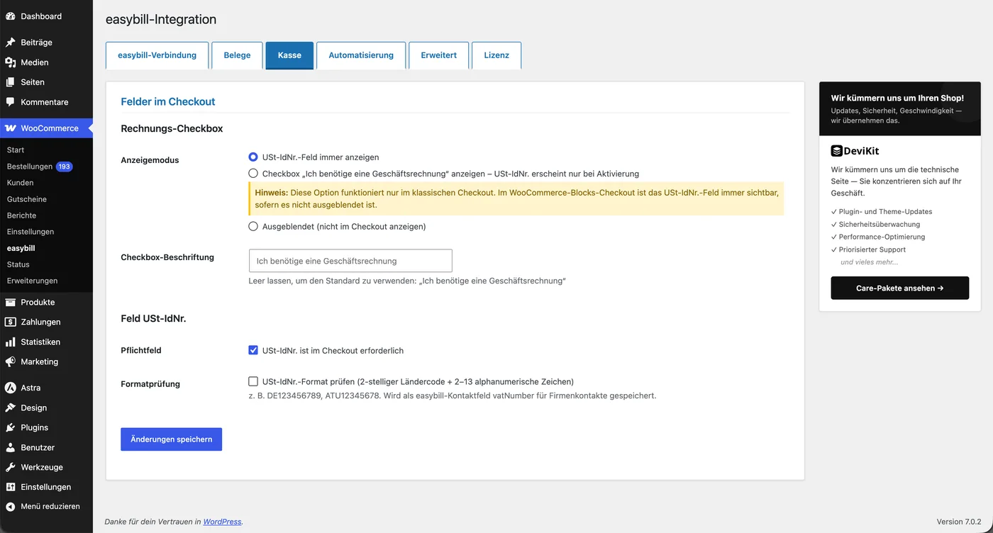 Tab Kasse: Anzeigemodus des USt-IdNr.-Felds, Beschriftung der Checkbox, Pflichtfeld und Formatprüfung